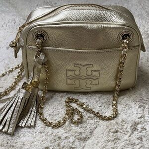 Tory Burch Metallic Gold Leather Thea Chain Crossbody